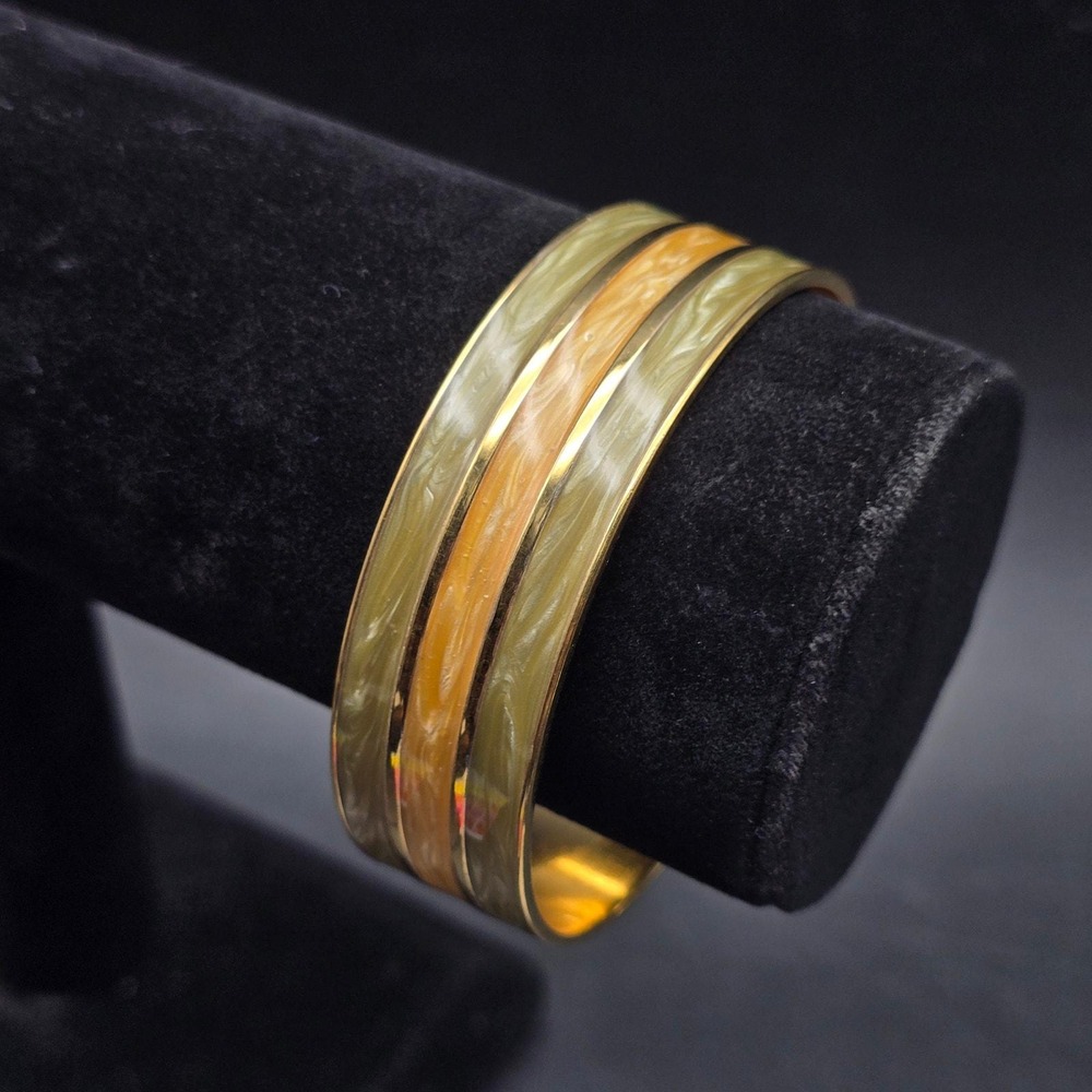 Monet Enamel Bangle Bracelet Coral Gray Beige Gold Tone Vintage